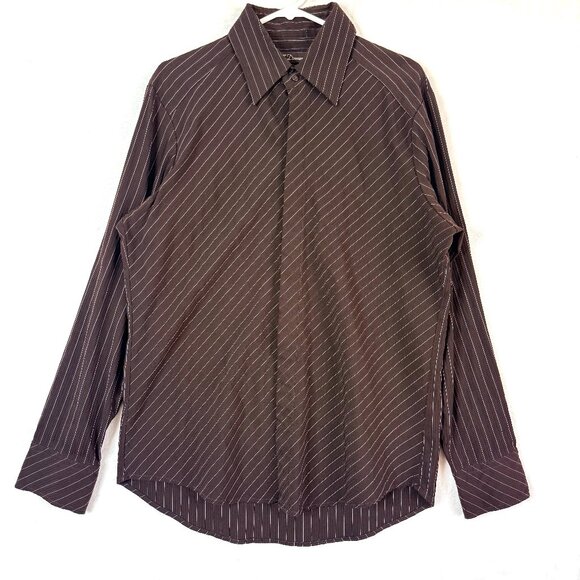 7 DIAMONDS Striped Texture Stretch Long Sleeve Button Up Shirt Mens L Brown - Picture 1 of 8